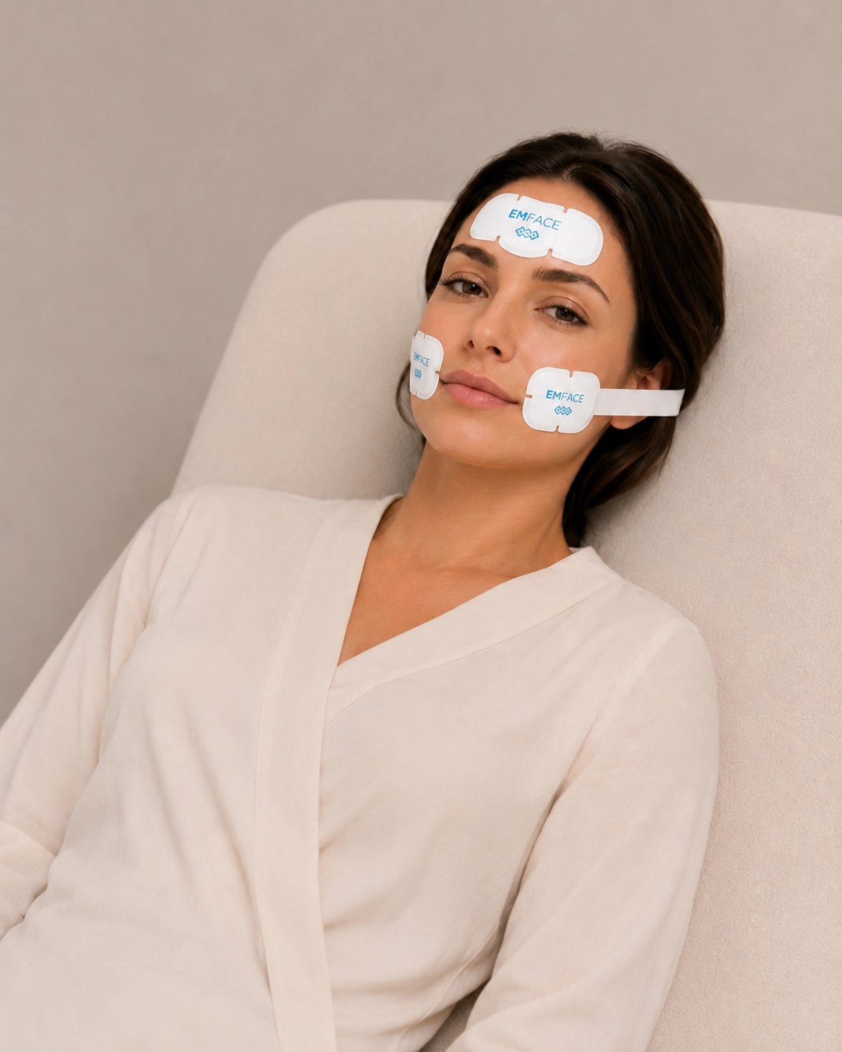 Patient relaxing during an Emface session with applicators on forehead and cheeks